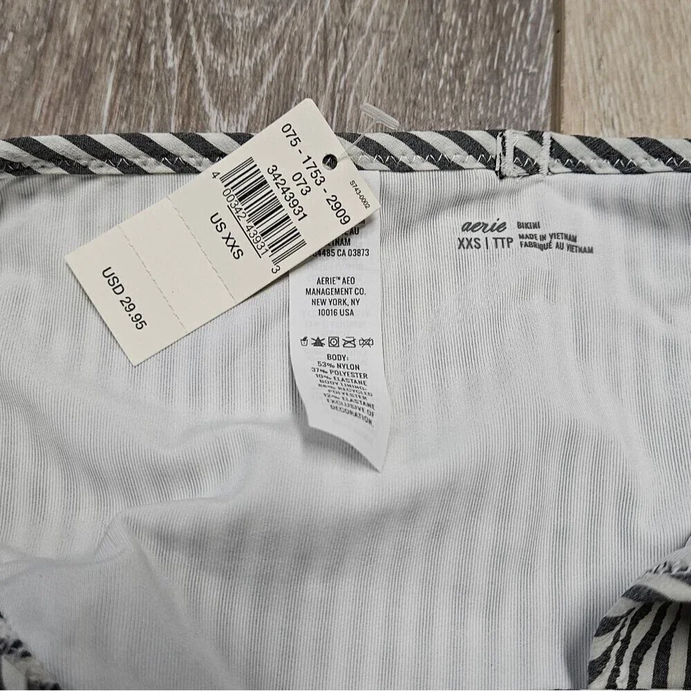 Aerie Seersucker Ruffle Bikini Bottom Black White Women's XXS Classic Old Money